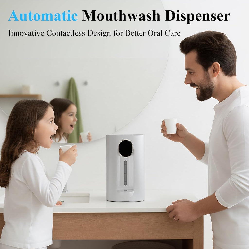 Automatic Mouthwash Dispenser 18.26Oz(540Ml) Touchless Electric Mouth Wash Dispensers Bathroom Accessories with 2 Magnetic Cup 3 Modes Wall Mounted Mouth Wash Dispenser for Home Kid (White)