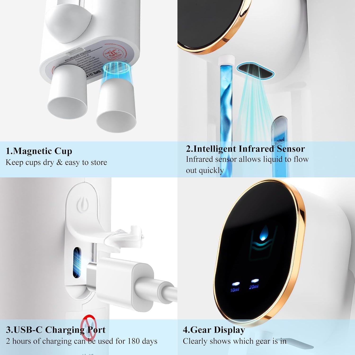 Automatic Mouthwash Dispenser 18.26Oz(540Ml) Touchless Electric Mouth Wash Dispensers Bathroom Accessories with 2 Magnetic Cup 3 Modes Wall Mounted Mouth Wash Dispenser for Home Kid (White)