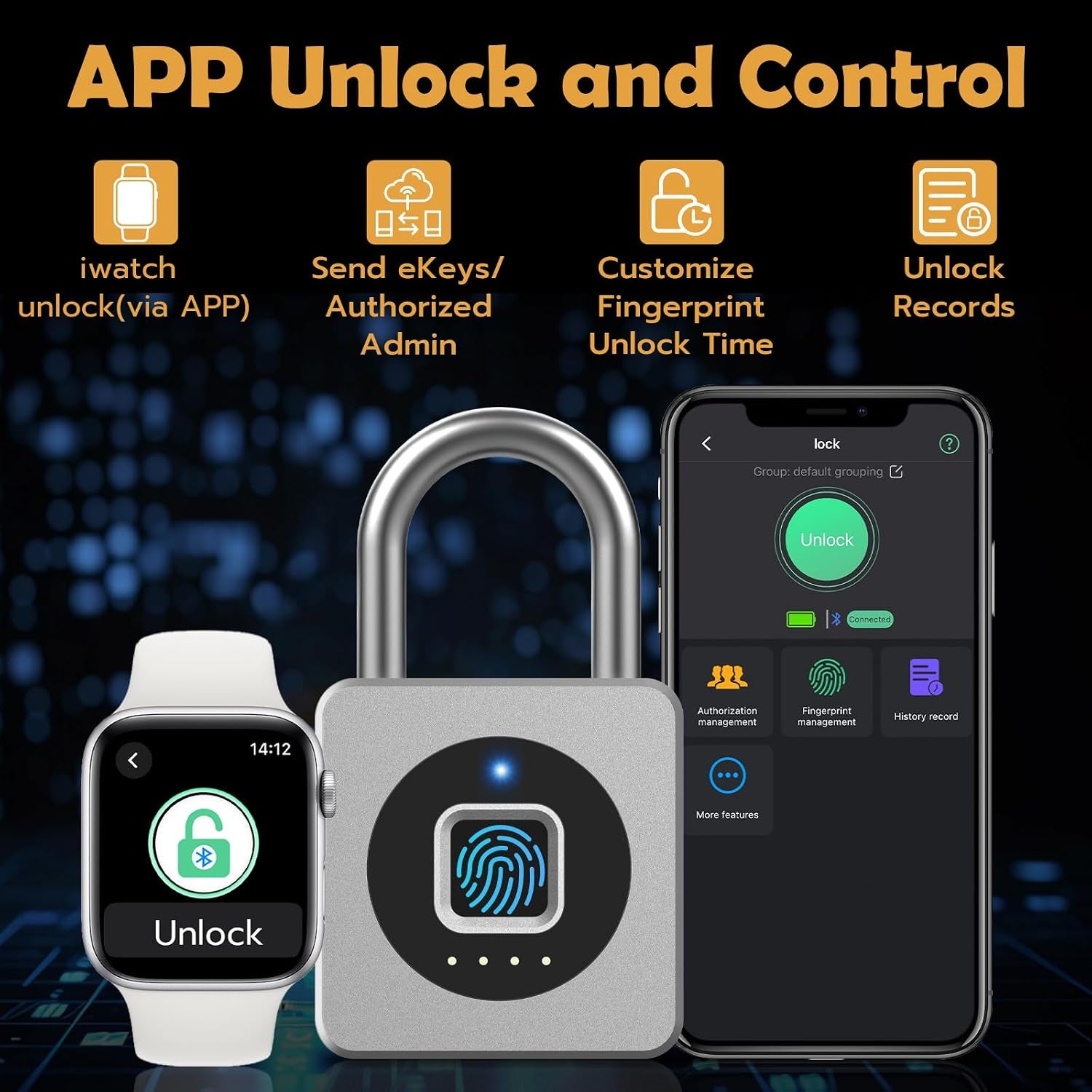 Fingerprint Padlock with APP, Keyless Biometric Lock, Smart Waterproof Padlock Suitable for Gym, Locker, Gates, Fence and Storage