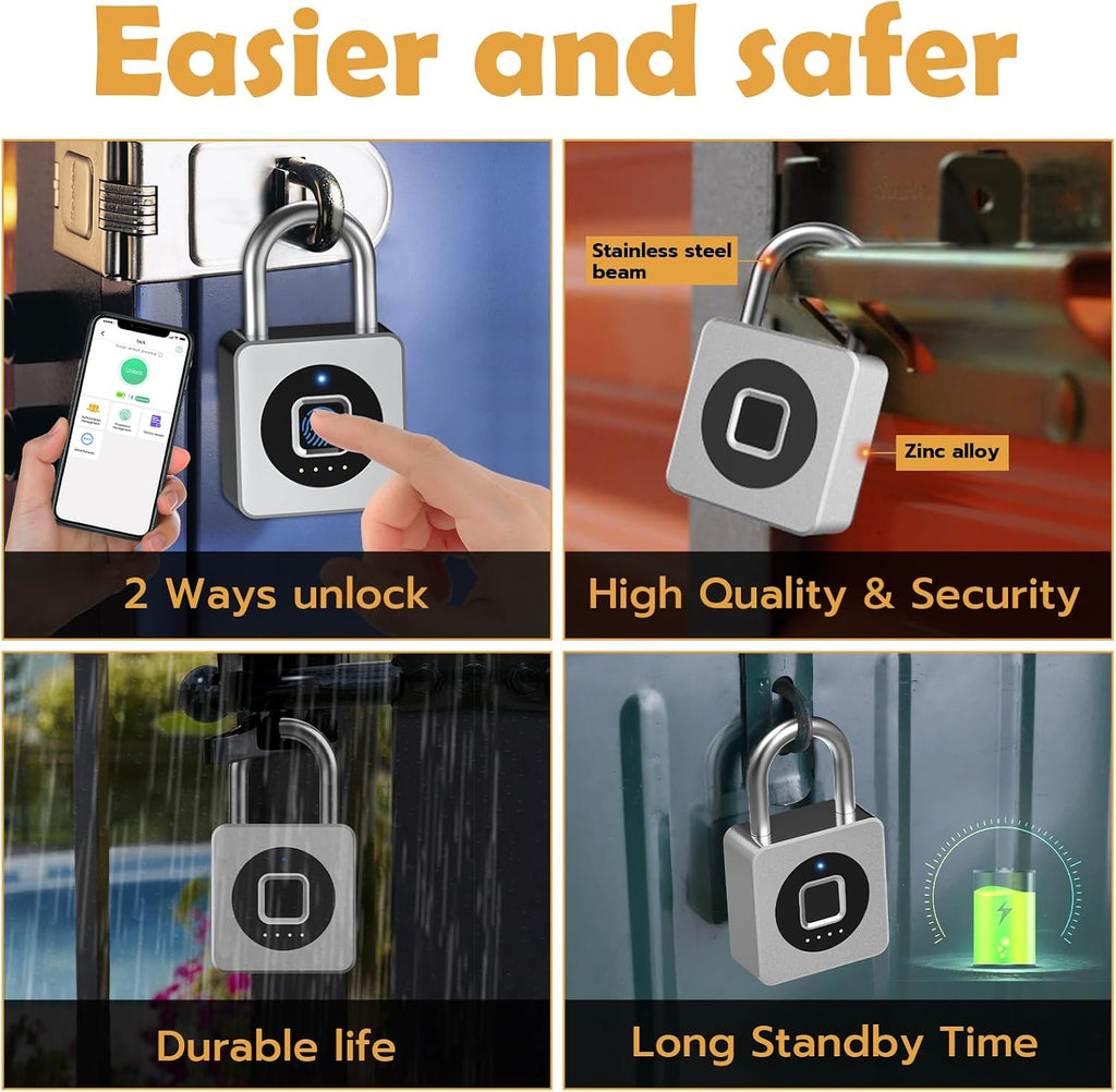 Fingerprint Padlock with APP, Keyless Biometric Lock, Smart Waterproof Padlock Suitable for Gym, Locker, Gates, Fence and Storage