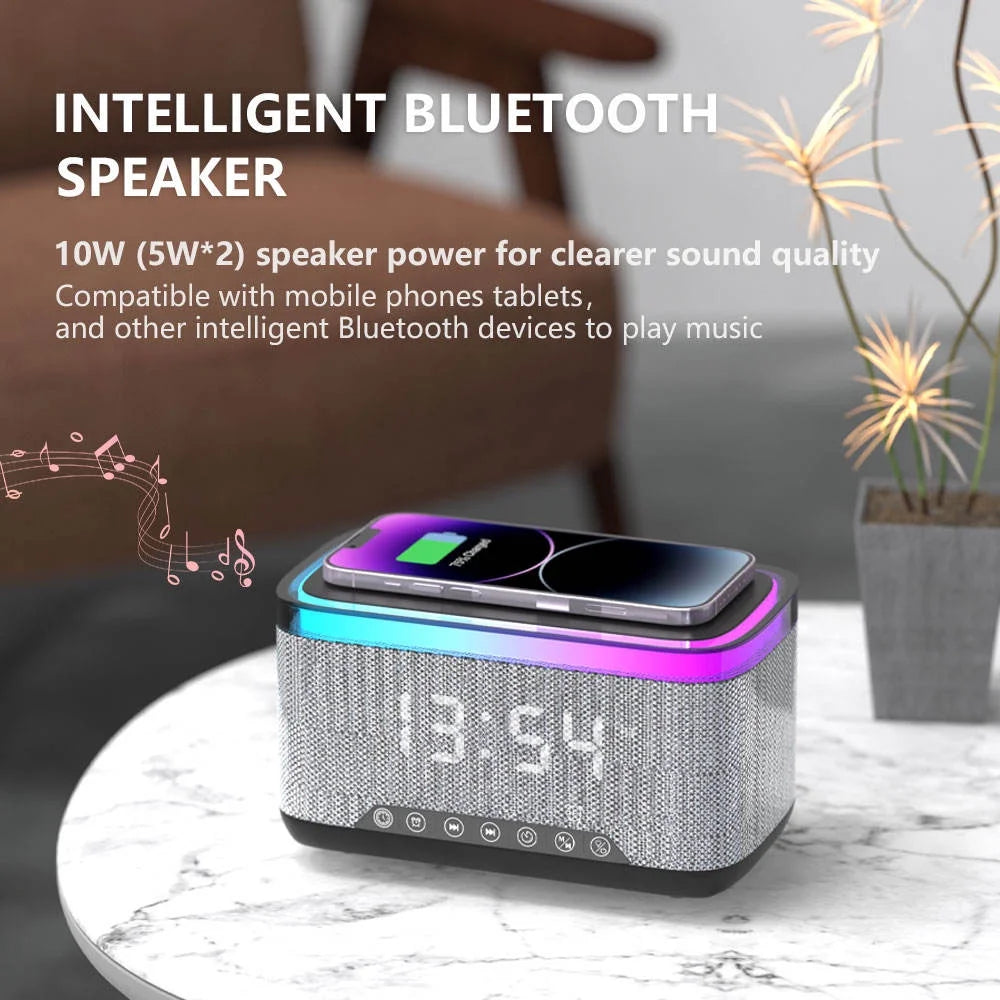 Wireless Charger,15W Fast Desk Wireless Charger Station for Iphone 17-12 Pro Max plus Phone Wireless Charger with Bluetooth Stereo Speaker,Digital Clock Alarm,Colors Night Light