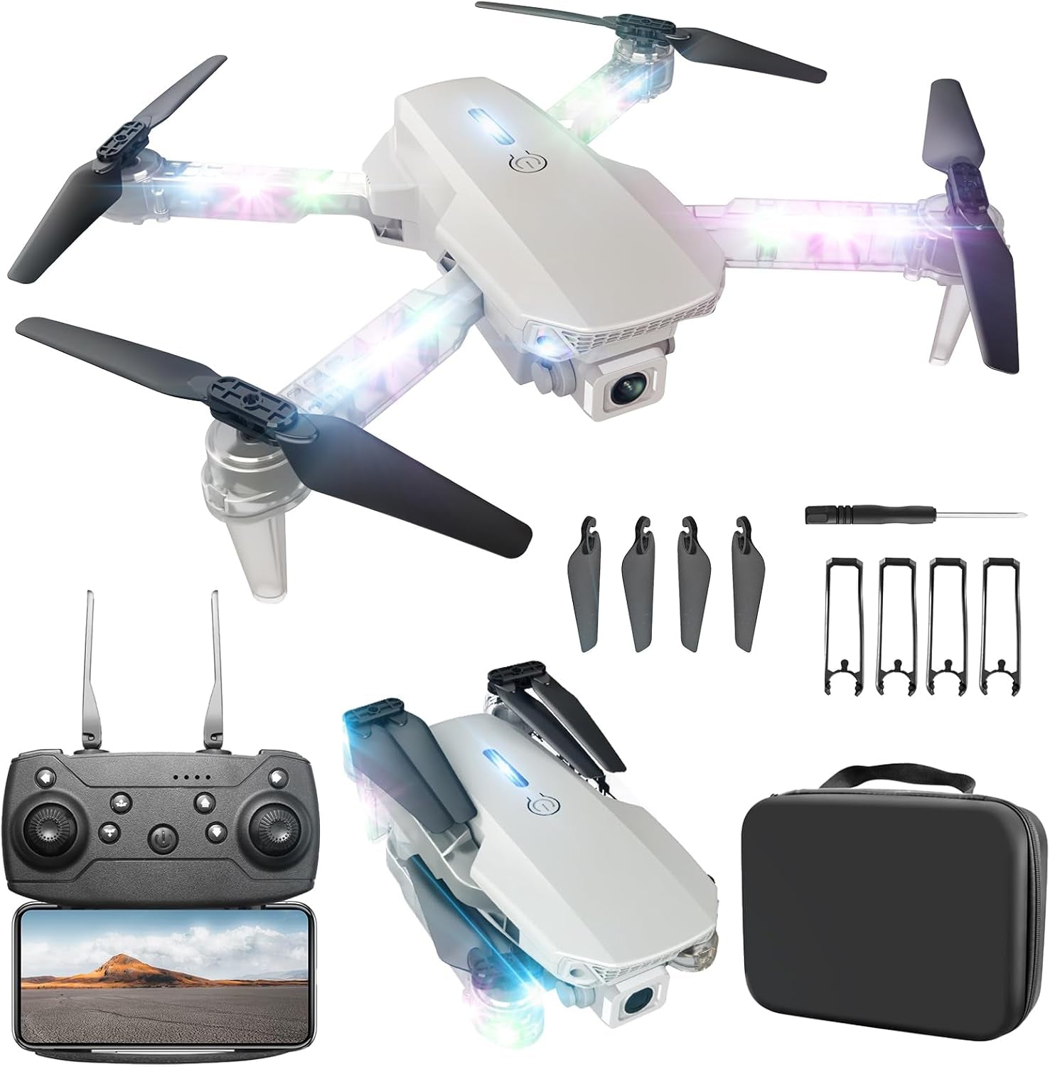 LED Lights Drone with Camera for Adults and Kids Beginners, White