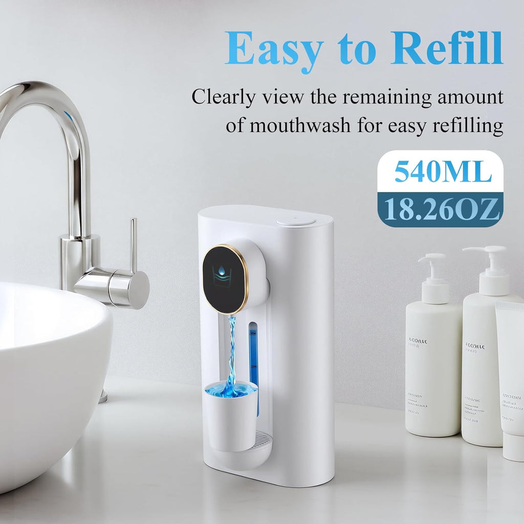 Automatic Mouthwash Dispenser 18.26Oz(540Ml) Touchless Electric Mouth Wash Dispensers Bathroom Accessories with 2 Magnetic Cup 3 Modes Wall Mounted Mouth Wash Dispenser for Home Kid (White)