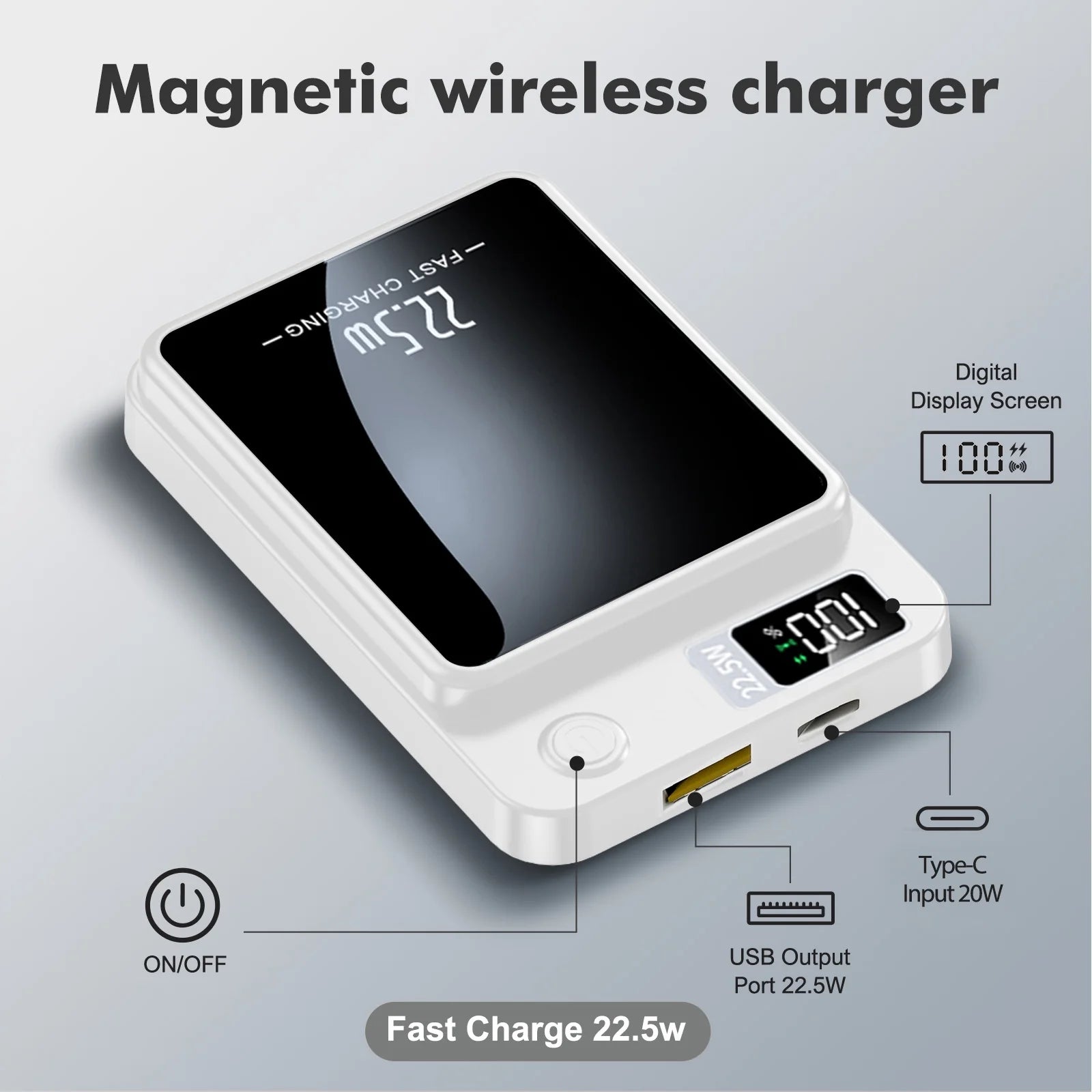 Magnetic Wireless Power Bank,10000Mah Portable Charger 22.5W Phone Battery Bank with LED Power Display Suitable for Outdoor Emergency Backup Power Compatible with Iphone 12 and above Series