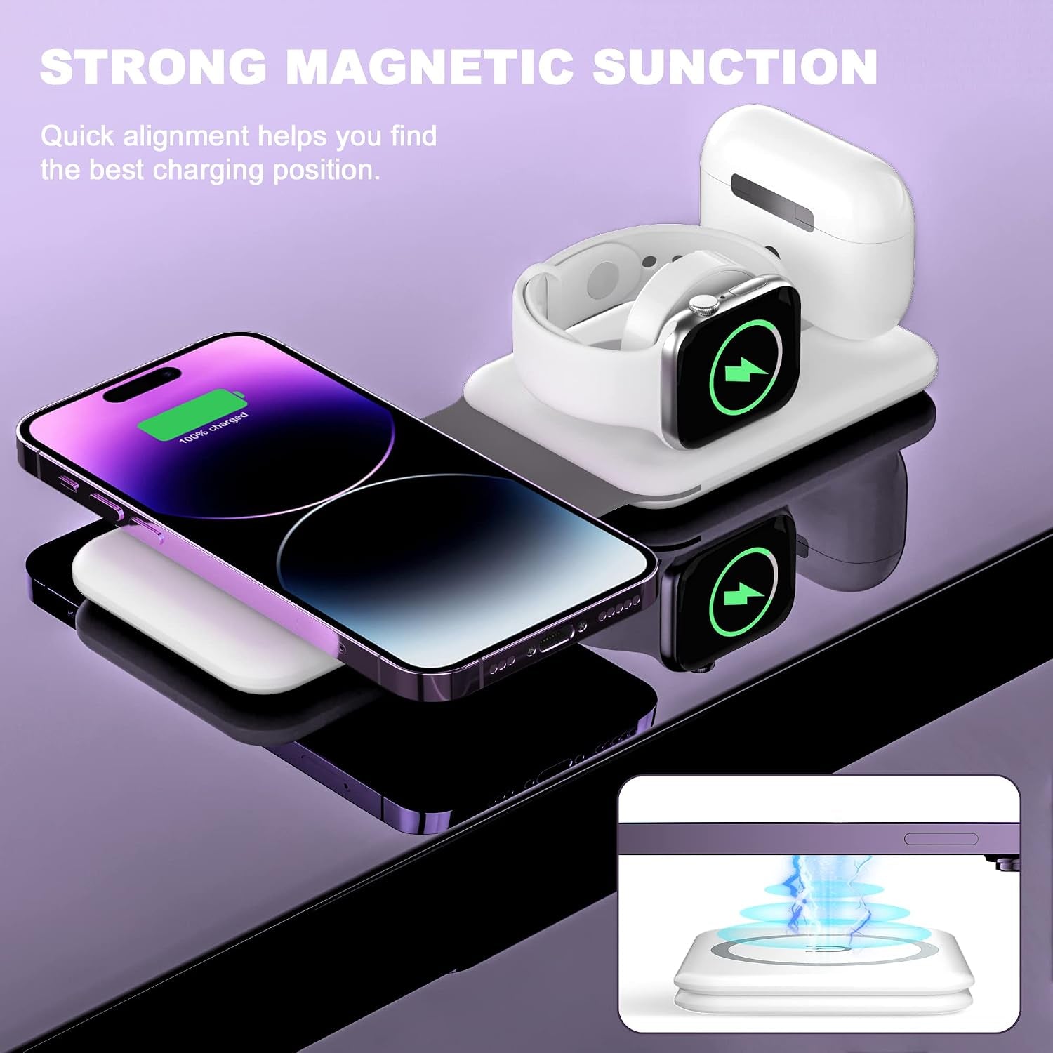 3 in 1 Wireless Charger, Foldable Magnetic Charging Station, Fast Travel Wireless Charging Pad for Multiple Apple Devices