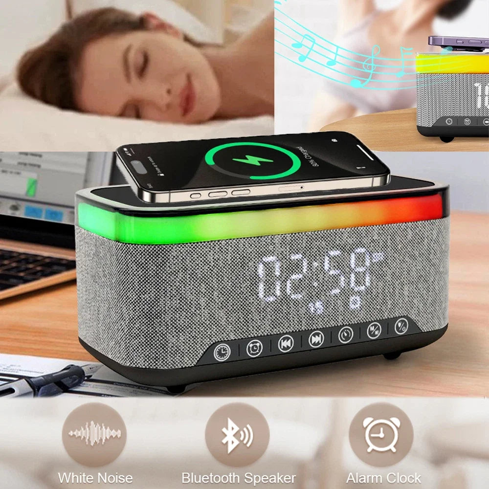 Wireless Charger,15W Fast Desk Wireless Charger Station for Iphone 17-12 Pro Max plus Phone Wireless Charger with Bluetooth Stereo Speaker,Digital Clock Alarm,Colors Night Light