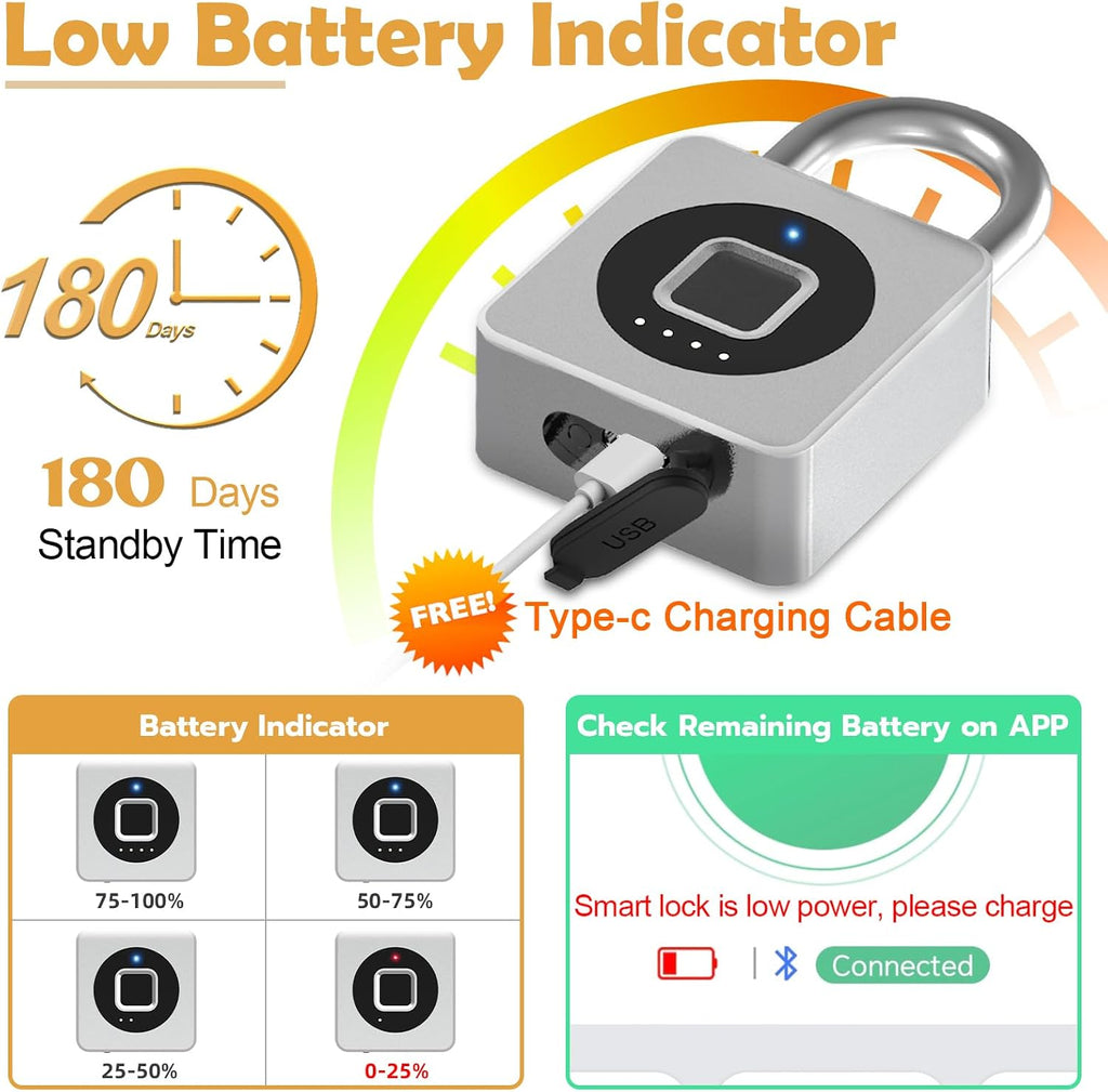 Fingerprint Padlock with APP, Keyless Biometric Lock, Smart Waterproof Padlock Suitable for Gym, Locker, Gates, Fence and Storage