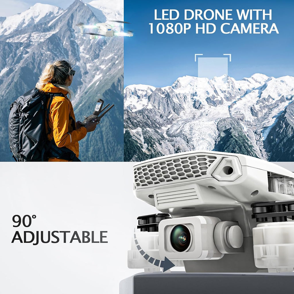 LED Lights Drone with Camera for Adults and Kids Beginners, White
