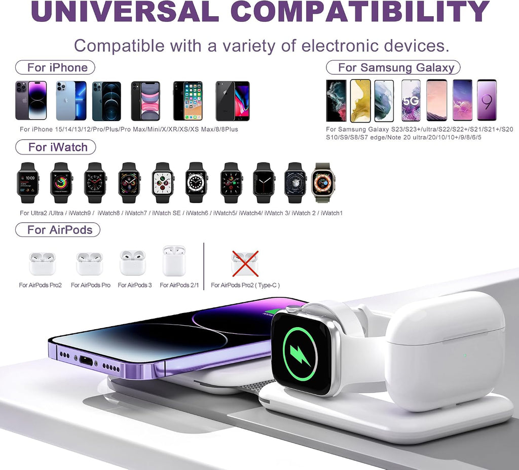 3 in 1 Wireless Charger, Foldable Magnetic Charging Station, Fast Travel Wireless Charging Pad for Multiple Apple Devices