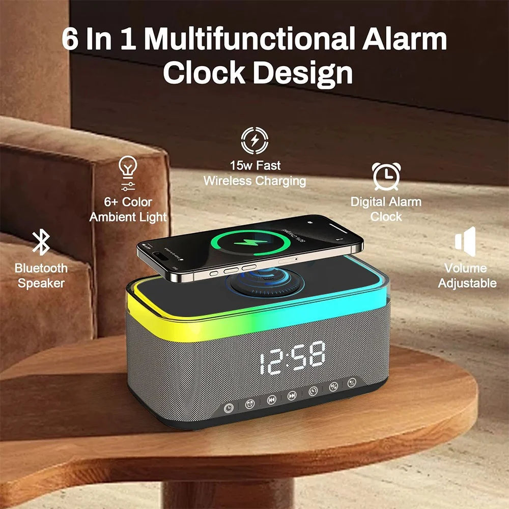 Wireless Charger,15W Fast Desk Wireless Charger Station for Iphone 17-12 Pro Max plus Phone Wireless Charger with Bluetooth Stereo Speaker,Digital Clock Alarm,Colors Night Light