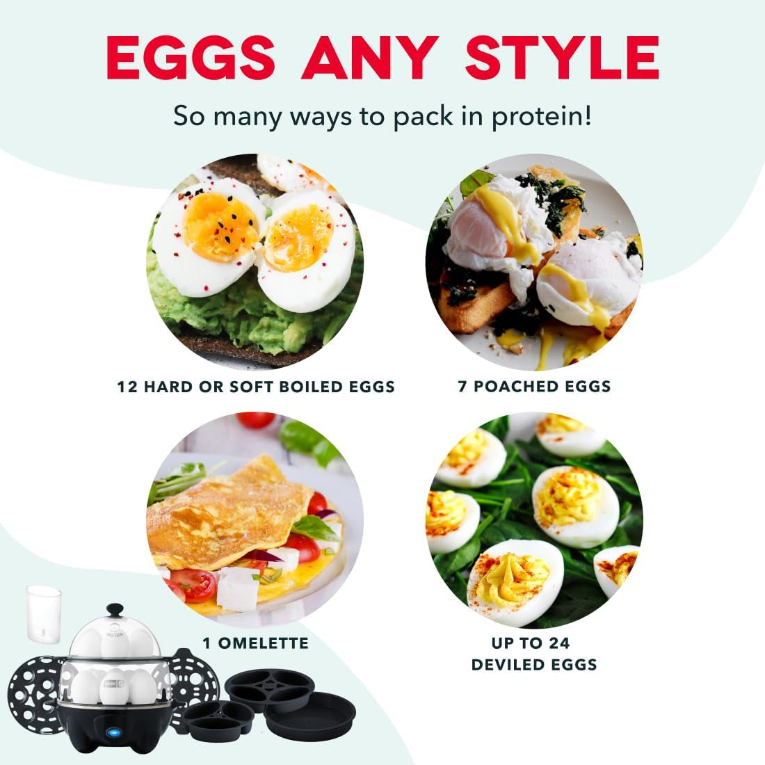 Deluxe Egg Cooker, 12 Hard Boiled Eggs, Black