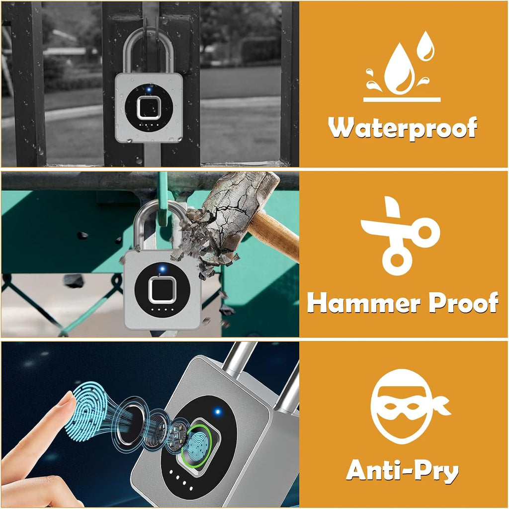 Fingerprint Padlock with APP, Keyless Biometric Lock, Smart Waterproof Padlock Suitable for Gym, Locker, Gates, Fence and Storage